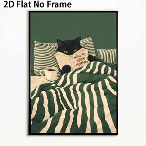 TEMU 2D 플랫, 2D 플랫, 검은 고양이가 '인간을 피하는 방법'을 읽는 2D 플랫 아트워크 1개, 빈티지 레트로 스타일로 디자인되었습니다. 이 액자 없는 캔버스 아트는 가정, 욕실과 같은 다양한 공간을 위한 벽 장식으로 사용됩니다.