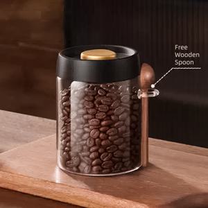 TEMU 500/800/1200ml - 고품질 붕규산 유리 진공 보온병, 나무 국자 포함 - 커피원두 및 주방 보관용, 투명하고 튼튼함 - 신선도와 풍미 보존에 최적