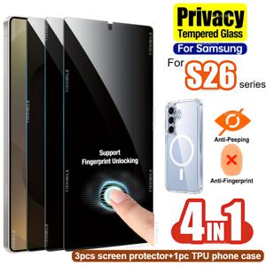 TEMU 4In1 3개 프라이버시 9H 강화 유리 액정 보호 필름 및 1개 TPU 폰 케이스, 삼성 갤럭시 S22 5G/S22+ 5G/S23/S23+/S24/S25/S26/Plus/Ultra/S25 Edge 시리즈에 적합, 지문 잠금 해제, 최고의 프라이버시 보호