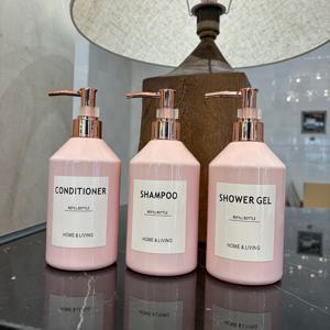 TEMU 호텔 욕실용 500Ml/16Oz 핑크색 경사형 어깨 PET 병 3개 세트 (컨디셔너, 샴푸, 바디워시 용기 포함), 펌프 디스펜서 및 방수 라벨 포함