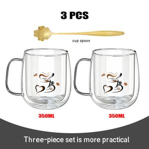 TEMU 3개 2중 레이어 붕규산 유리컵, 금색 스푼 1개, 개인 맞춤 패턴, 뜨겁고 차가운 음료 모두 사용 가능. 커피, 차, 우유 음료에 적합. 가정, 사무실, 카페 및 휴일 선물용. 커플 및 동료를 위한 기념용품
