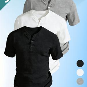 TEMU [조시 메이 OBM] 3pcs 세트 - 남성용 헨리 셔츠 반팔 캐주얼 기본 티셔츠 클래식 헨리 여름 단색 티셔츠, 헨리 스타일, 스몰 V넥, 반팔, 특별한 2버튼 디테일, 단색, 쉬운 스타일, 여름에 적합