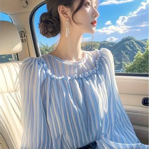 TEMU 여성 블라우스 프릴 라운드넥 셔링 셔츠 퍼프소매 루즈핏 체형커버 UV차단 쉬폰 라이크 페미닌 오피스룩 하객룩 데이트룩 꾸안꾸 블루