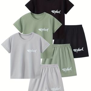 TEMU 남아용 반바지 6개 세트, 중년아이부터 큰아이까지 여름용 메쉬 속건성 스포츠웨어, SHARK 레터링 프린트가 있는 반팔 상의 + 반바지 콤보, 단색 블랙 + 그레이 + 그린, 활용도 높은 기본 아웃도어 캐주얼 달리기 및 농구 의상, 형제를 위한 동반 세트, 4-12세용, 헐렁하고 가벼운 아웃도어용