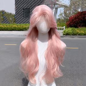 TEMU 26인치 벚꽃 연핑크 웨이브 헤어 사이드 스웨트 앞머리, 달콤하고 귀여운 뮤직 페스티벌 데일리 플러피 통기성 풀헤드 가발, 누구에게나 어울리는
