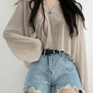 TEMU X6336 고양이 귀 방향등 라이트 브라운 숏핏 약간 비침 있는 루즈핏 긴팔 레이지 스타일 셔츠 상의 여성용