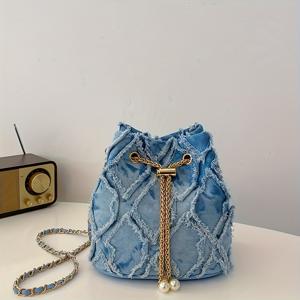 TEMU 메탈 체인, 진주 장식, 대용량 크로스바디 백, 단색 원단, 드로스트링 잠금 방식 버킷백 - 쇼핑 및 데이트, 바캉스 스타일, 진주에 적합