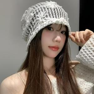 TEMU 여성용 한국 스타일 큰머리 슬라우치 비니 모자 - 통기성 있는 얼굴 홀아웃 레이스 꽃무늬 신축성 있는 고무줄, 봄/여름용, 어반 패션 & 발렌타인데이용, 머리 둘레용 손세탁 가능