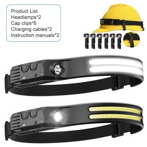 TEMU 2개 LED 헤드램프 충전식 - 230° COB 초고휘도 헤드라이트, 헬멧 라이트, USB-C 헤드밴드 손전등 작업, 하이킹, 러닝, 캠핑 필수 장비