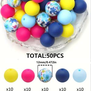 TEMU 12mm/15mm 혼합 단색 및 프린팅 실리콘 원형 구슬 50개, 병에 담긴 포커스 비즈, DIY 수제 목걸이, 플라스틱 펜 비즈, 열쇠고리, 가방 체인, 휴대폰 참, 팔찌, 주얼리 제작용품용