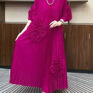 TEMU 플러스 사이즈 - 플러스 사이즈 - 봄, 여름용 우아한 플리츠 원피스, 스타일리시하고 젊어 보이는 루즈핏 A라인 드레스 (엄마들을 위한)