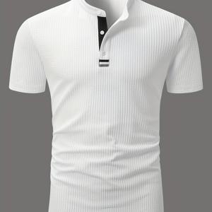 TEMU 남성용 헨리 반팔 상의, 데일리 업무용, 디자인 프론트 플래킷, 텍스처 자카드 세로 패턴, 패셔너블한 캐주얼 스타일, 캐주얼 복장을 위한 스트레치 원단