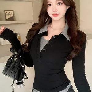 TEMU 2025 투피스 패치워크 대비 칼라 긴팔 티셔츠 슬림핏 다용도 디자인 센스 베이스 레이어