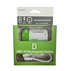 TEMU TEMIBATT 1.5V 4800mAh D 사이즈 USB 충전식 배터리, 가스레인지 및 저전력 장치용 1개입