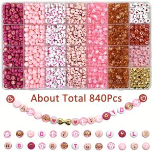 TEMU 비즈 키트, 비즈 용품 - 300/450/840개 핑크 시리즈, 레드 앤 화이트, 레터 비즈 및 하트 모양 아크릴 비즈 조합 세트 - 주얼리 제작 세트 - 주얼리 제작, 수공예 팔찌, 목걸이 및 기타 공예품에 적합