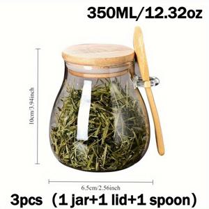 TEMU 3개 세트 (병 1개, 뚜껑 1개, 스푼 1개), 350ml/12.32oz 커피, 설탕, 차, 소금, 사탕 및 향신료 보관에 적합 - 밀폐 유리 보관병 (스푼 포함), 가정, 레스토랑 주방 보관에 이상적