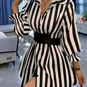 TEMU 여성용 세련되고 우아한 미디엄 코르셋 셔츠, 블랙 & 화이트 벨트 포함, 삼분의 일 소매 디자인, 봄과 여름에 적합