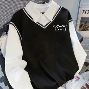TEMU 아메리칸 트렌디 프레피 스타일 2-in-1 룩 새로운 귀여운 고양이 프린트 긴소매 라펠 칼라 컬러 블록 디자인 여성용 봄/가을 아메리칸 스트리트 스타일 루즈핏 커플용 스타일리시 패션 셔츠 상의