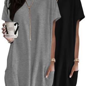 TEMU 여성 패션 탑 & 캐주얼 루즈핏 셔츠 2피스 세트 (포켓 포함), 우아하고 편안한 반팔 라운드넥 긴 티셔츠