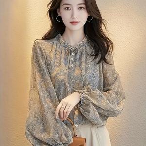 TEMU 여성 프릴 밴딩넥 패턴 블라우스 나염 셔츠 루즈핏 체형커버 퍼프소매 오피스룩 출근룩 하객룩 페미닌 우아한 쉬폰 찰랑거리는 봄 가을 상의