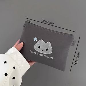 TEMU 1개 회색 고양이 카드 홀더 동전 지갑 ID 정리함 다기능 헤드폰 메이크업 가방