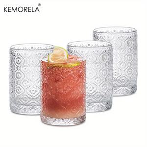 TEMU 4개 세트 12.5/13.5oz 빈티지 유리컵, 엠보싱 패턴 스타일 투명 로스터테일 유리잔 세트 (빨대 및 코스터 포함), 로맨틱 워터글라스, 바 음료 아이스커피컵 주스잔