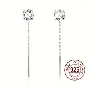 TEMU 0.6g S925 순수 은색 저알레르기 반짝이는 합성 지르코니아와 큐빅 지르코니아 펜던트가 결합된 긴 체인 스레드 우아한 귀걸이