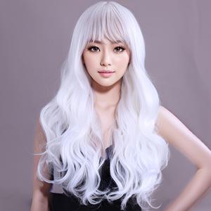 TEMU 긴 흰색 물결 모양 앞머리 가발 코스프레 가발 합성 가발 의상 할로윈 파티 가발