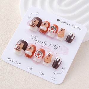 TEMU 10개입 핸드메이드 네일 숏 호른 발레 모양 패션 3D 만화 카피바라 곰 LOVE 크림 도넛, 추가 재료 포함 (젤 글루, 면봉, 나무 막대) 풀 커버리지 네일 세트, 파티, 댄스 및 데일리 웨어에 적합