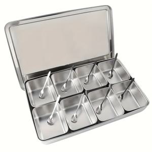 TEMU SHAON 8구획 향신료 홀더 (뚜껑 및 스푼 칸막이 포함), 소금, 설탕, 기름, 견과류, 간식, 향신료 병 등을 주방에서 보관하는 데 이상적