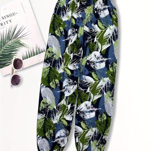 TEMU 남성용 봄/여름 하렘 팬츠, 초록색과 흰색 나뭇잎 프린트, 남녀공용 아이스 실키 섬유 원단 가정용 수면 바지, 남녀공용 맨化学장 수선매듭 비치 롱 하렘 팬츠