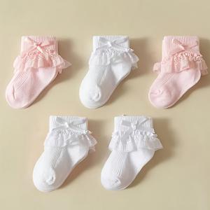 TEMU 봄, 여름용 아기 여아 양말 5켤레 세트. 탄력 있는 짧은 양말에 사랑스러운 리본 디자인이 특징이며, 작은 공주님에게 완벽합니다. 편안하고 우아합니다.