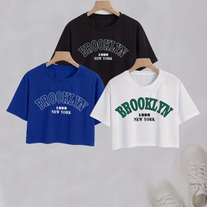 TEMU 브루클린 레터링이 특징인 여성용 크롭 탑 3종 세트. 콘서트, 캐주얼, 옷팅에 적합하며 편안하고 통기성이 좋은 봄 의류로 완벽합니다.