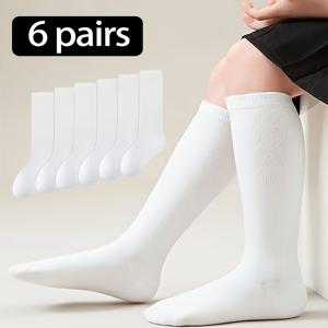 TEMU 여아용 미드 튜브 양말 6켤레, 블랙 앤 화이트 양말 - 단색, 통기성, 편안함, 슬림핏, 학원 스타일 종아리 양말