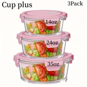 TEMU 3개 묶음 14oz/24oz/ 고휘도 유리 보관 용기 | 힌지 뚜껑, 전자레인지, 식기세척기, 냉장고, 오븐 사용 가능 누출 방지 원형 도시락, 핑크 및 그린 색상