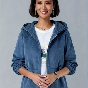 TEMU 여성용 코듀로이 블루 후드 숏 자켓 - 루즈핏 캐주얼 지퍼 프론트 자켓, 봄/가을용 한국식 아우터웨어, 손세탁 가능한 코듀로이