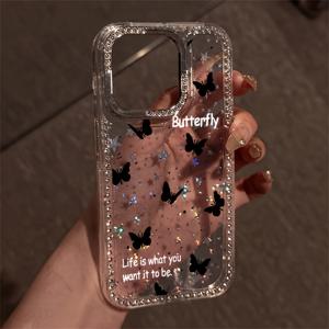 TEMU 휴대폰 케이스 - 블랙 폴카 도트 나비 럭셔리 라인스톤 패션 폰 케이스, 투명 글리터 테두리 별 쉘 낙하 방지 케이스, 아이폰 17/16/11/13/ Plus/15 Pro/15 Pro Max/12/14 Pro Max/Xs/Xr/11 Pro Max/12 Pro/12 Pro Max/13 Pro/1에 적합