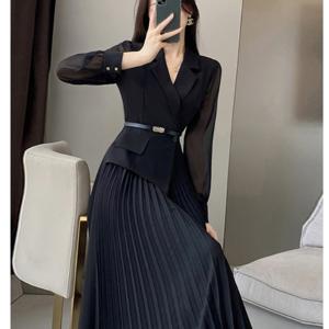 TEMU 블랙 드레스 여성용 2025년 봄 신상 수트 칼라 허리 슬림핏 기품 있는 페이크 투피스 주름 스커트