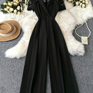TEMU 패셔너블하고 우아한 여성용 단색 봄/여름 신상 레이스 패치 라펠 점프수트, 출퇴근, 휴가, 데이트, 데일리 캐주얼웨어용