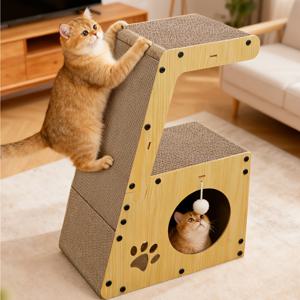 TEMU 3단 고양이 스크래ッチ 보드, 고양이 집들이, 고양이 클라이밍 프레임, 캣하우스, 고양이 매달리는 공 장난감, 고양이 그립기 겸용 다기능 골판지 스크래ッ처, 고양이 자가 놀이 장난감, 공간을 차지하지 않는 반려동물 용품