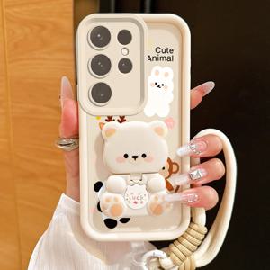 TEMU 휴대폰 케이스 - 갤럭시 S26/S24 FE/S24/S25 울트라/S25 플러스/S25/S25 FE/S26 플러스/S26 울트라 커버 귀여운 곰돌이 스탠드 및 넥스트랩 포함 편안한 느낌 디자인 휴대폰 케이스 우아한 보호 갤럭시 S26에 적합, 연인의 스타일에 이상적
