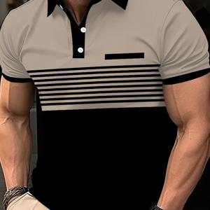 TEMU 남성 여름 셔츠, 컬러 블록 프린트, 트림 장식 칼라 및 커프스, 통기성 좋은 반팔 티셔츠, 캐주얼 및 업무복으로 적합, 세탁기 사용 가능 레귤러 핏, 캐주얼 웨어, 패션 대비 트림, 부드러운 원단 구조