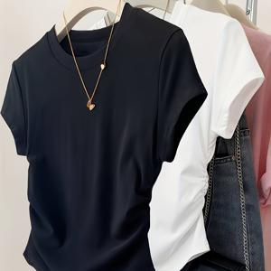 TEMU 여성용 2pcs 라운드 넥 캐주얼 반팔 티셔츠, 러플 허리 슬림핏 디자인, 스타일리시 통근용 상의, 활용도 높은 여성 티셔츠