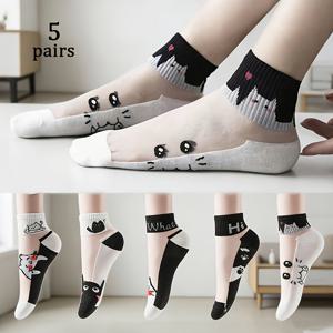 TEMU 여성용 만화 고양이 시스루 발목 양말 5켤레, 투명 스타킹 + 귀여운 고양이 얼굴 프린트, 여성용 얇은 시스루 양말, 통기성 좋고 편안한 니하이 디자인, 여성 데일리웨어 및 야외 활동에 적합, 귀여운 양말 | 질감 있는 양말