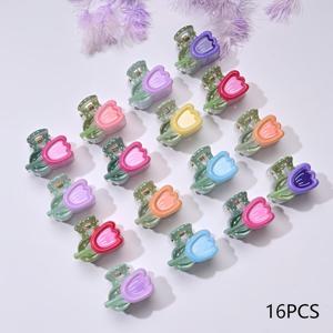 TEMU 16개 작은 튤립꽃 클로 클립, 프린트 작은 머리핀, 공주 액세서리, 헤드웨어, 헤어핀, 머리 장식
