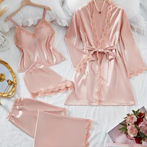 TEMU 4pcs 단색 새틴 레이스 패치워크 파자마 세트, 긴소매 로브 및 V넥 홀터넥 및 반바지 및 바지 및 벨트, 여성용 우아한 파자마 및 라운지웨어