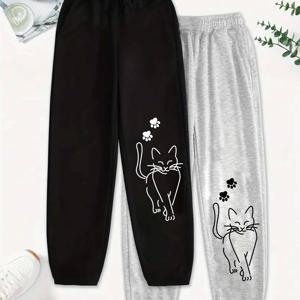 TEMU 2pcs 세트, 고양이 테마 귀여운 애완동물 스타일! 간편한 라인 고양이 프린트 캐주얼 바지, 외출에 편안함, 눈길을 사로잡는 필수템! 블랙 앤 화이트 고양이 프린트 스웨트팬츠, 게으르고 패셔너블, 고양이 애호가들의 최고의 선택! 귀여운 고양이 발자국 프린트 캐주얼 바지