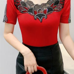 TEMU 여성에게 적합한 캐주얼 또는 정장 의상, 여름용 시크한 상의, 반팔, 라운드 넥, 블랙 메쉬 블라우스, 라인스톤 장식