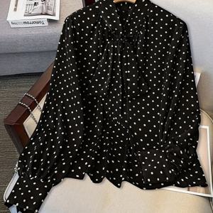 TEMU 여성용 우아한 앞면 넥타이 긴팔 물방울 무늬 프린트 셔츠, 데일리 및 출퇴근복으로 적합