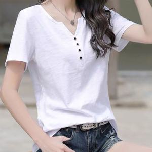 TEMU 여성용 반팔 티셔츠 브이넥 솔리드 4버튼 40대 엄마옷 V넥면티 빅사이즈 여름 면티 쿨티 데일리 캐주얼 상의 편안하고 포근함